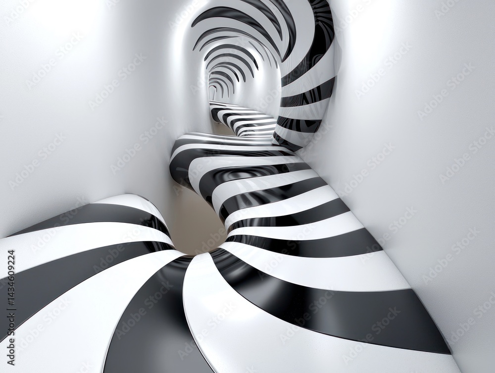 Poster abstract 3d rendering of a swirling, black and white striped pathway receding into a tunnel