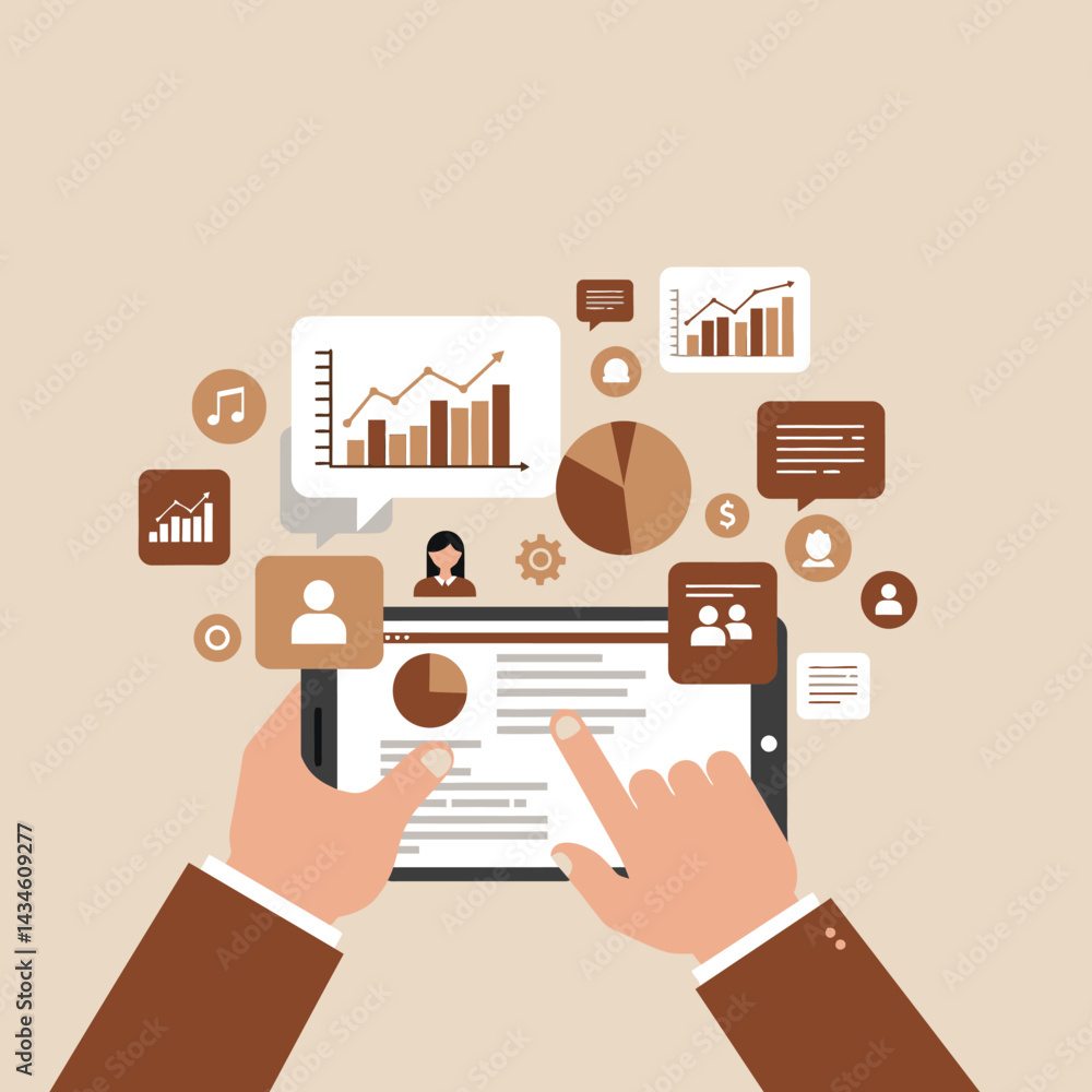 Poster business analytics data visualization on tablet with hands analyzing charts and social icons vector 