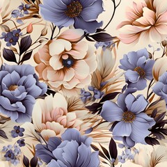 Seamless Elegant Floral Pattern with Blue and Cream Garden Flowers — Vintage Botanical Design on Beige

