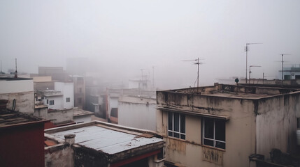 Fototapeta premium View of a city partially hidden in dense fog