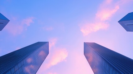 Skyscrapers pierce a pastel sky