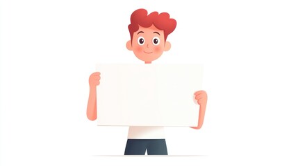 Cartoon boy holding blank sign, cheerful, illustration, presentation, easy to edit