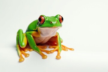 Obraz premium Green tree frog, perched on white, vibrant colors , close-up, studio photography