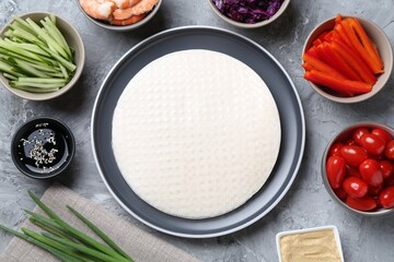 Rice paper sheets and different ingredients on light grey table, flat lay