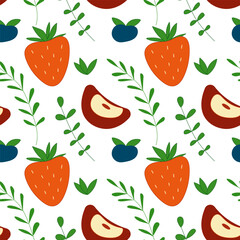 Summer berries seamless pattern. Strawberry, blueberry and apple.