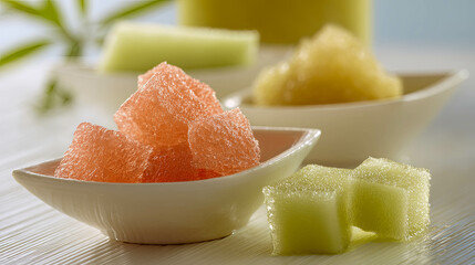 Colorful cubes of sea moss gel displayed in bowls highlight their vibrant textures and health benefits, perfect for nutritious recipes