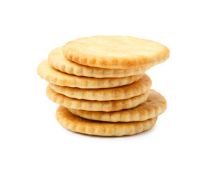 Stack of tasty salty crackers isolated on white