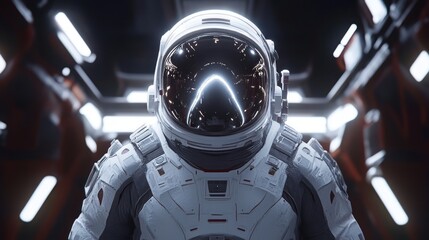 Fototapeta premium Forward-facing space explorer in futuristic spacesuit.