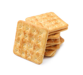 Stack of tasty salty crackers isolated on white