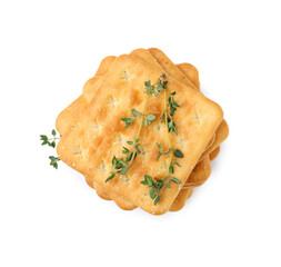 Tasty salty crackers with thyme isolated on white, top view