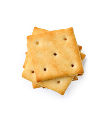 Tasty salty crackers isolated on white, top view