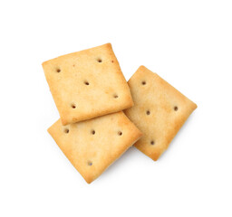 Tasty salty crackers isolated on white, top view
