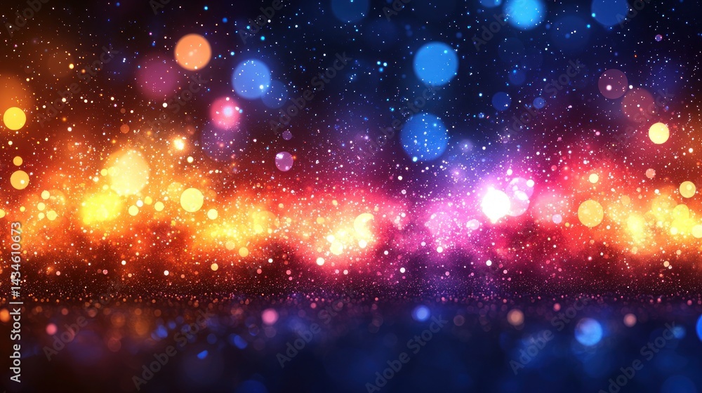 Poster abstract background with colorful bokeh lights and sparkles, creating a vibrant and energetic atmosp