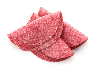 Slices of tasty smoked sausage isolated on white, top view