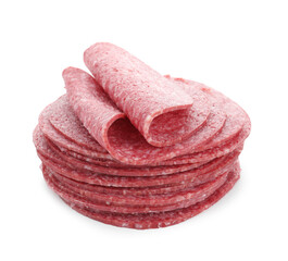 Slices of tasty smoked sausage isolated on white