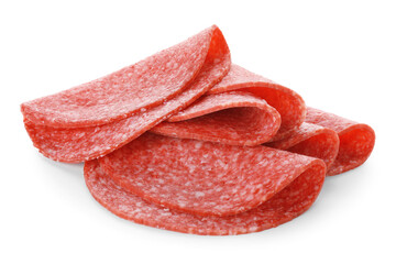 Slices of tasty smoked sausage isolated on white