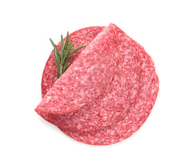 Slices of tasty smoked sausage with rosemary isolated on white, top view