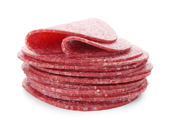 Slices of tasty smoked sausage isolated on white