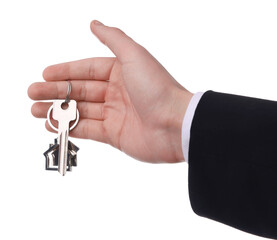 Real estate agent with house key on white background, closeup