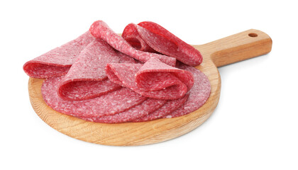 Slices of tasty smoked sausage isolated on white