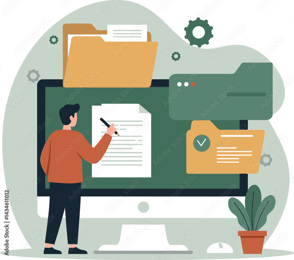Poster man working on document management system with computer and digital files vector illustration in gre
