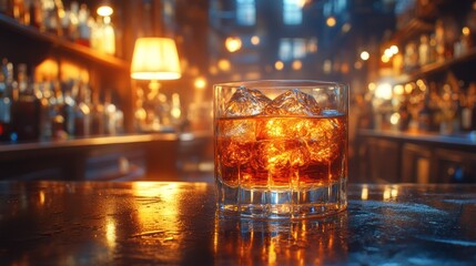 Glass of amber liquid with ice cubes on a bar counter.