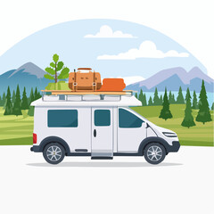 A camper van parked at a scenic overlook with gear on top.
