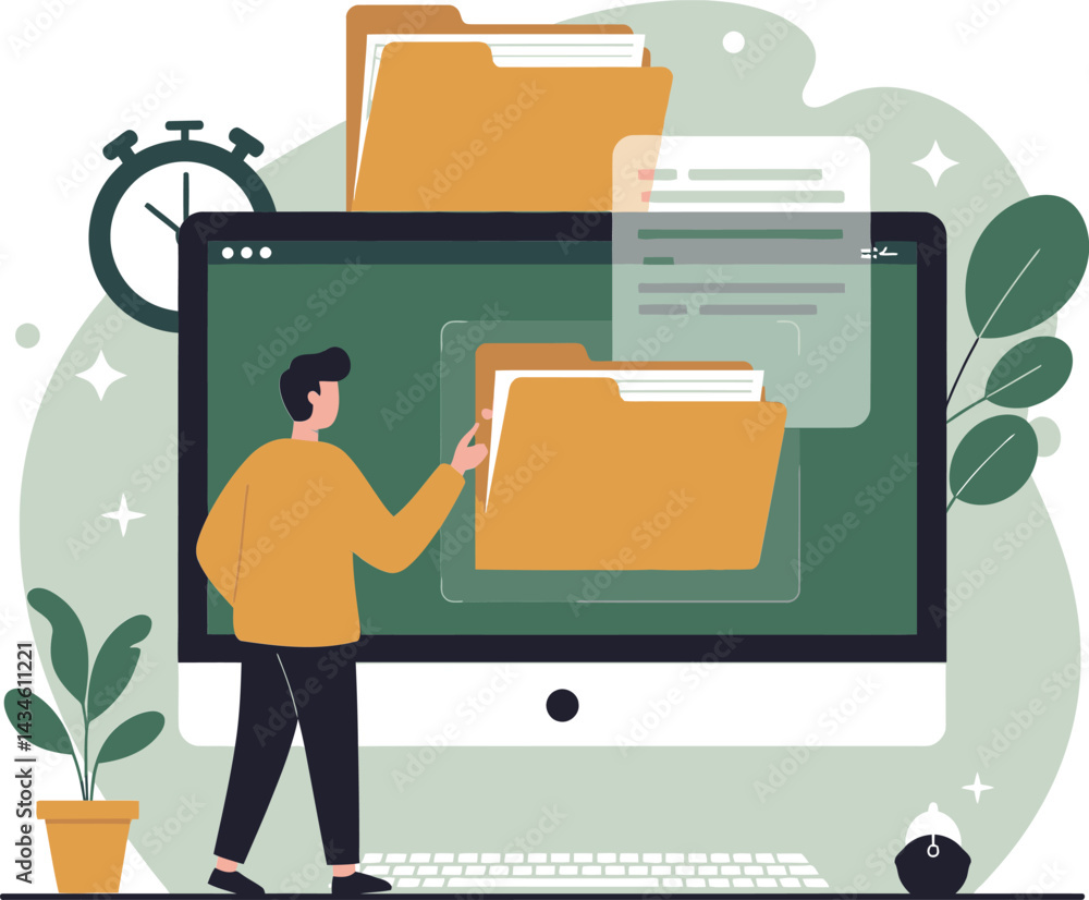 Poster man managing digital files on computer screen with folder icons and desktop plants illustration