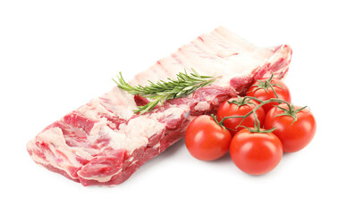 Fresh raw pork ribs, rosemary and tomatoes isolated on white