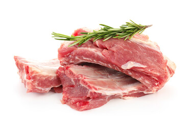 Fresh raw pork ribs and rosemary isolated on white