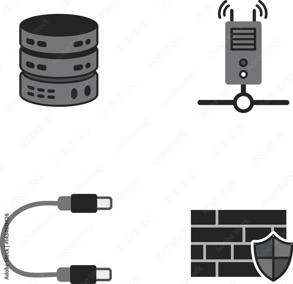 Poster network server database firewall and cable connection icons set for technology and security concepts