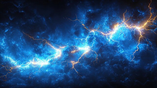 Abstract depiction of blue and yellow lightning bolts amidst dark, swirling clouds.  Energy, power, and storm imagery