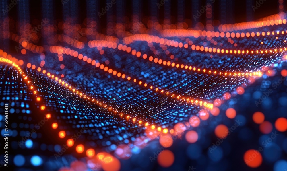 Poster abstract digital wave with glowing particles, deep blue and orange hues, creating dynamic motion