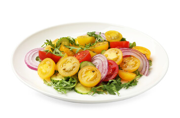 Fresh salad with yellow tomatoes isolated on white