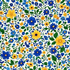 A charming vintage wallpaper featuring large blue flowers and tiny green leaves in a floral pattern is set against a white background