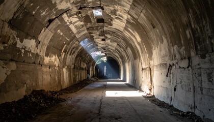 Low-angle photo of a massive, aged concrete tunnel with jagged cracks and a single beam of light leaking through