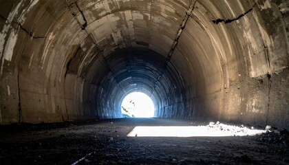 Low-angle photo of a massive, aged concrete tunnel with jagged cracks and a single beam of light leaking through