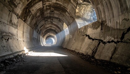 Low-angle photo of a massive, aged concrete tunnel with jagged cracks and a single beam of light leaking through