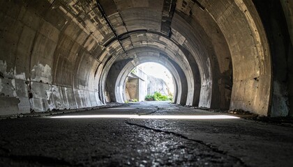 Obraz premium Low-angle photo of a massive, aged concrete tunnel with jagged cracks and a single beam of light leaking through
