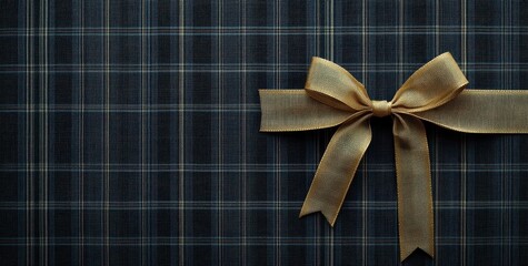 A simple gold bow tied on a dark blue and white plaid fabric