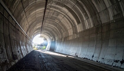 Low-angle photo of a massive, aged concrete tunnel with jagged cracks and a single beam of light leaking through
