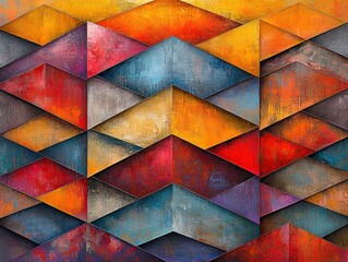 Abstract geometric pattern with textured, colorful triangles in warm and cool tones, creating a visually dynamic composition