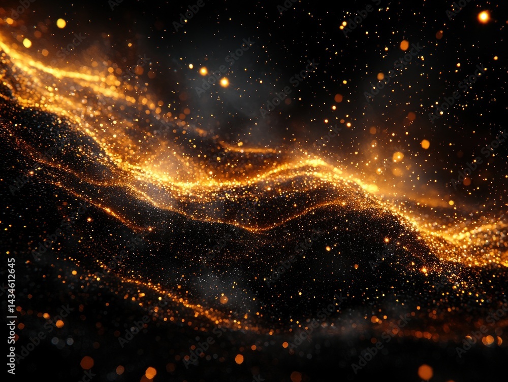Poster abstract golden particles flowing like waves on a dark background. glowing embers create a dynamic, 