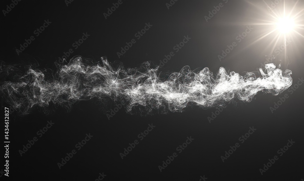 Poster abstract image of a bright light source shining on a flowing, white smoke-like stream against a dark