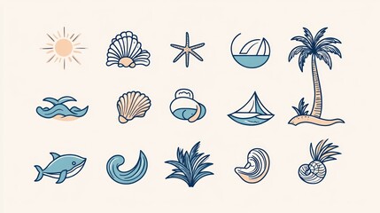 Summer sea icons set on white background for vacation or decorative illustration