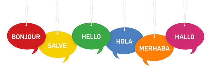 Paper speech bubbles with greetings in different languages hanging on white background. Banner design © New Africa