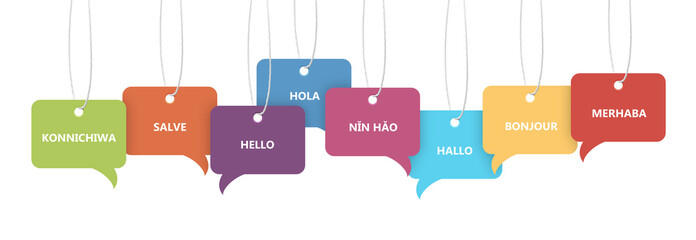 Paper speech bubbles with greetings in different languages hanging on white background. Banner design © New Africa