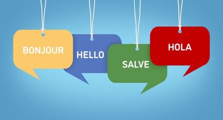Paper speech bubbles with greetings in different languages hanging on light blue background. Banner design © New Africa