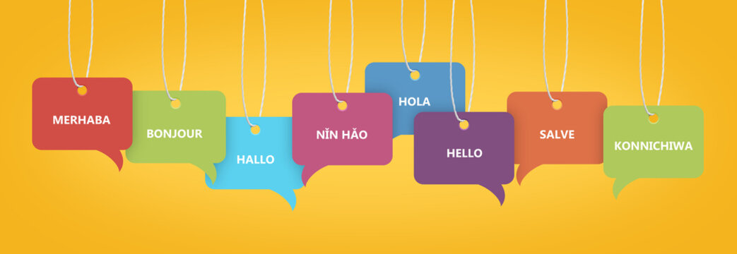 Paper speech bubbles with greetings in different languages hanging on orange background. Banner design