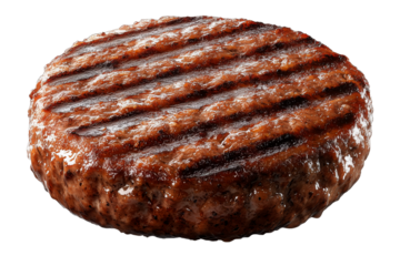 Grilled beef burger patty isolated on a transparent background. Close-up of hamburger patty with grill marks and a glazed surface